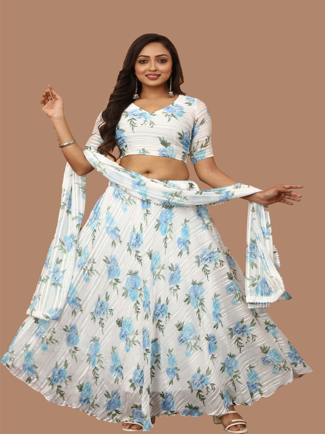 

N ENTERPRISE Printed Gotta Patti Semi-Stitched Lehenga & Unstitched Blouse With Dupatta, White