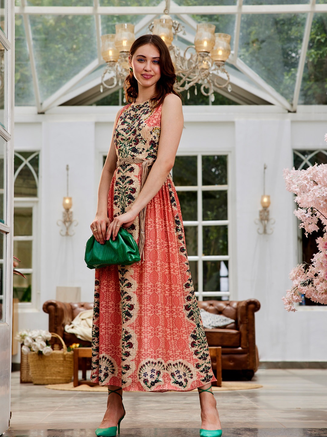 

Bhanuni Women Floral Printed Maxi Fit and Flare Dress, Pink