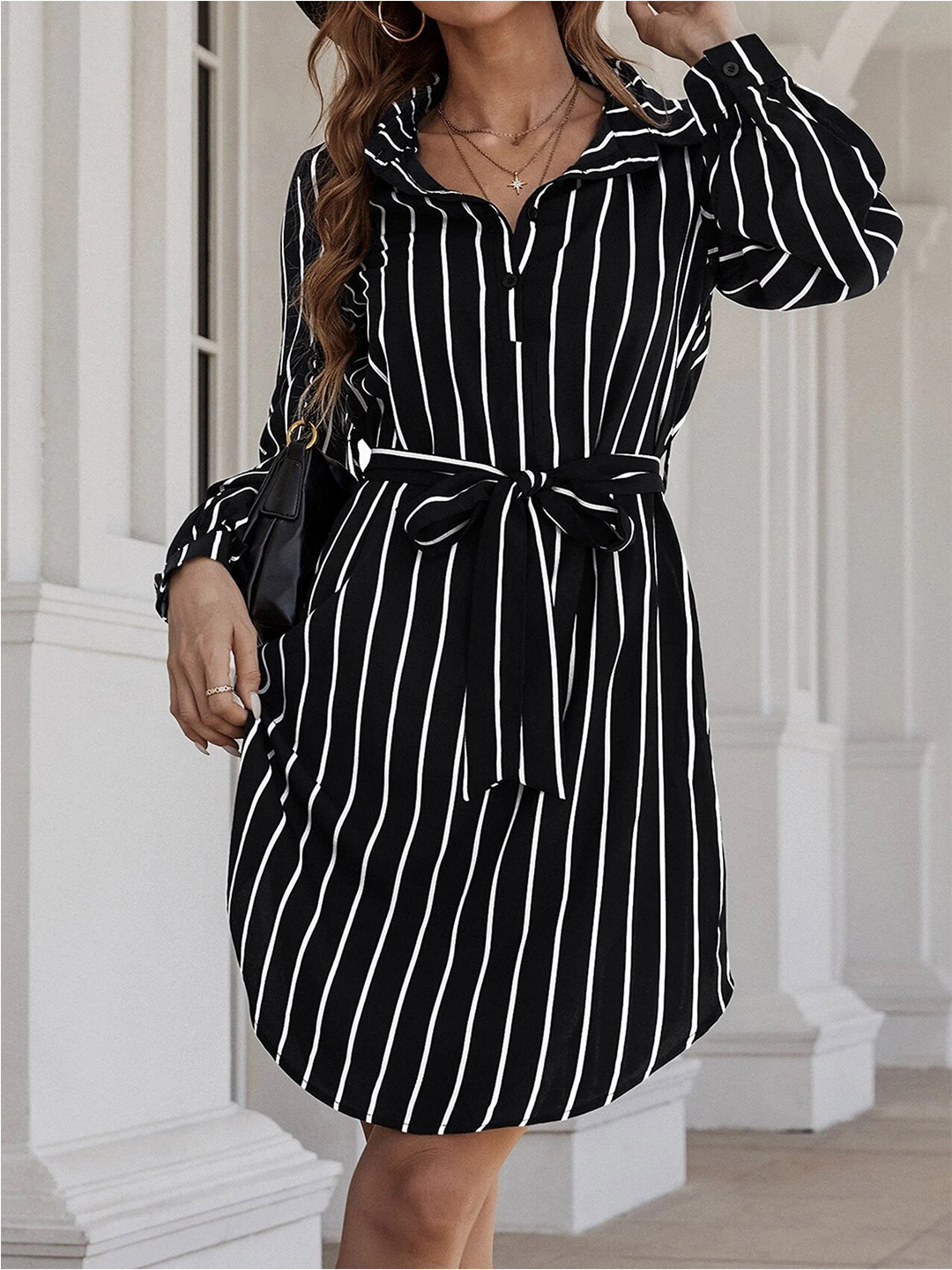 

Selvia Striped Crepe Shirt Dress, Black