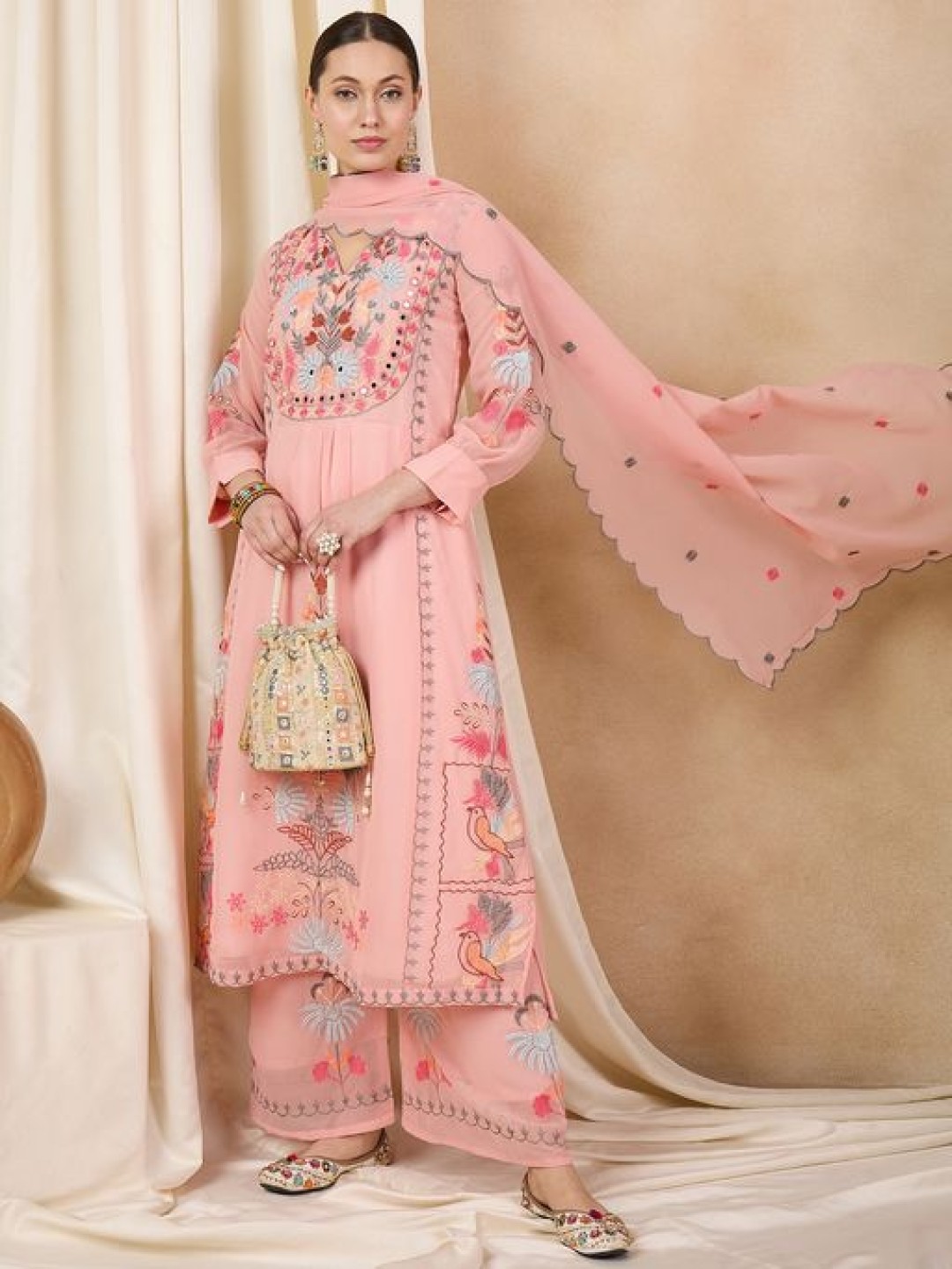 

Fashionuma Floral Embroidered Thread Work Straight Kurta With Trousers & Dupatta, Peach