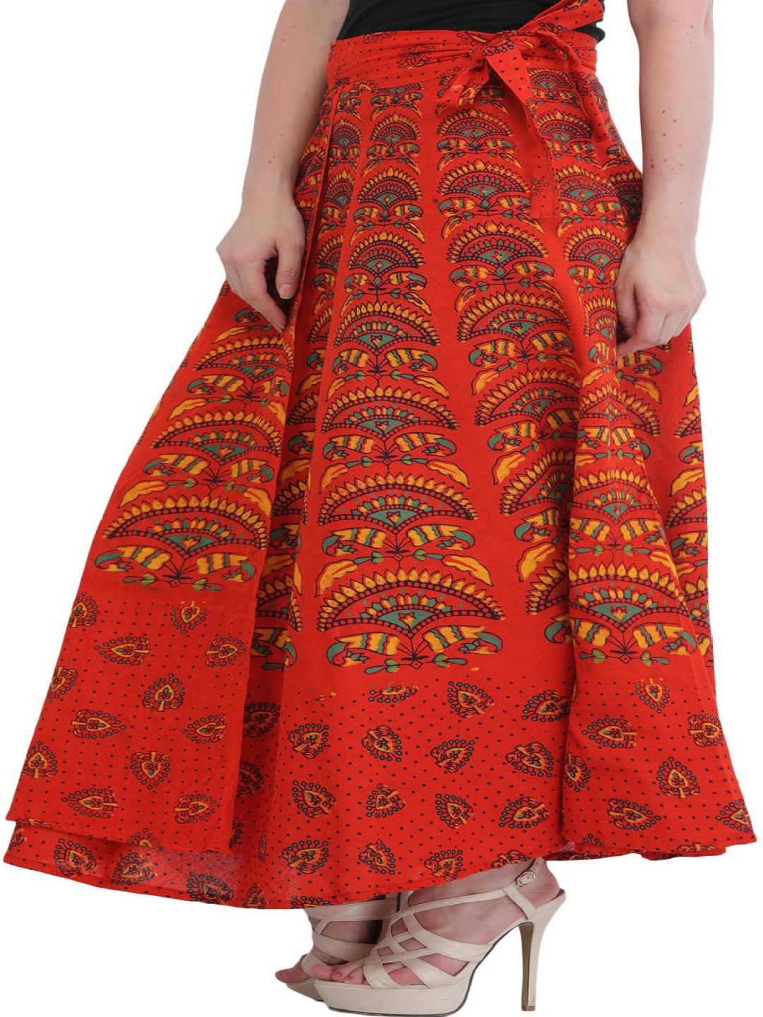 

Exotic India Printed Wrap-Around Pure Cotton Maxi Skirts, Red