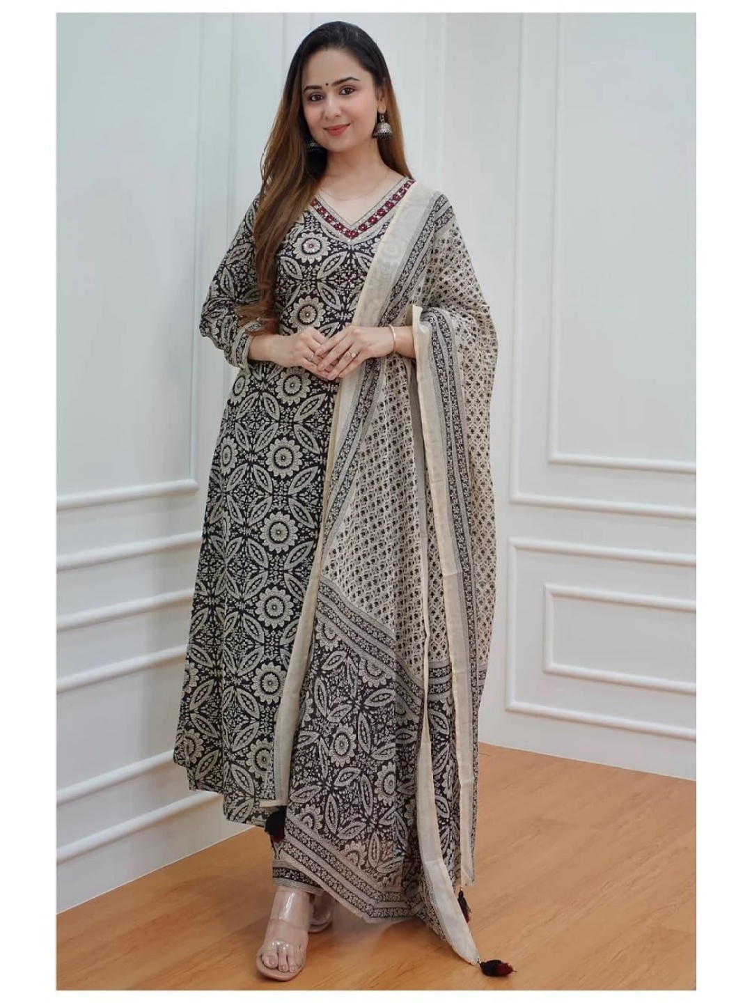 

KALINI Floral Printed V-Neck A-Line Kurta with Trouser & Dupatta, Cream