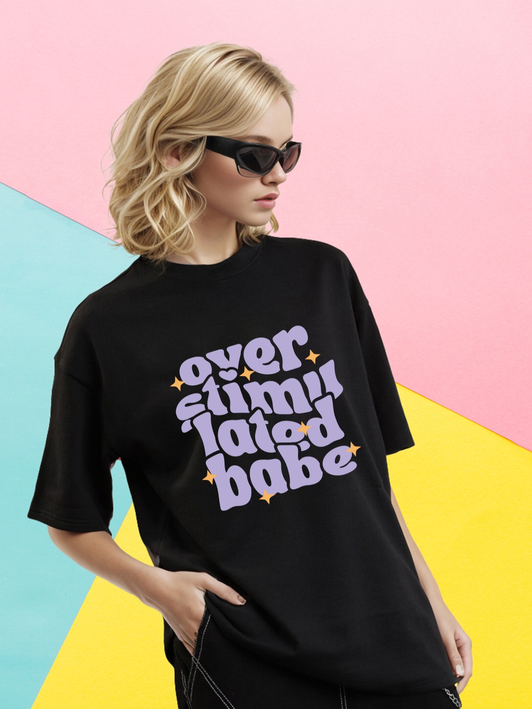 

Slenor Women Printed V-Neck Extended Sleeves Pockets T-shirt, Black