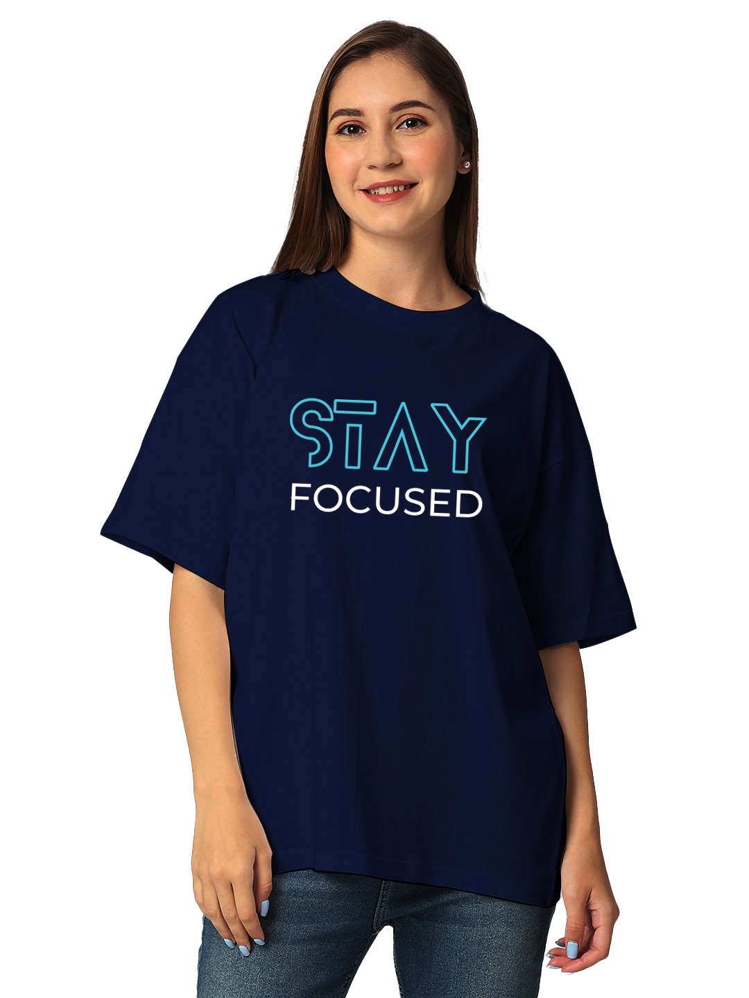 

STATUS MANTRA Women Typography Printed Bio Finish Applique T-shirt, Navy blue
