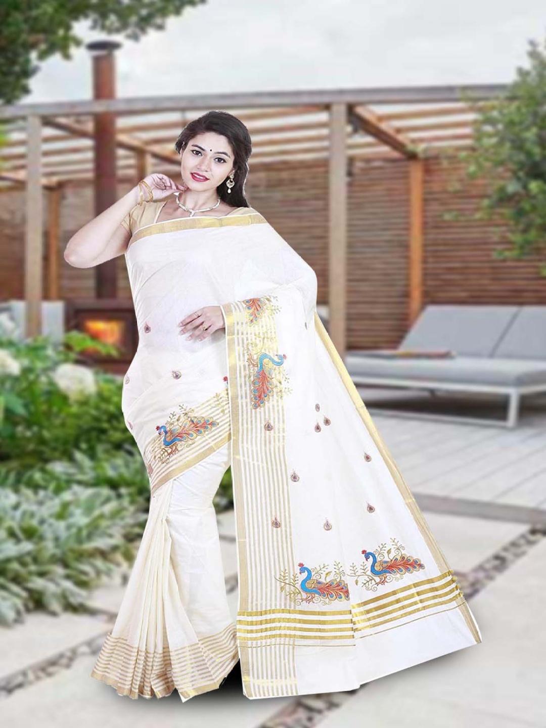 

Rst R Selvamani Tex Ethnic Motifs Zari Pure Cotton Ready to Wear Kasavu Saree, Off white