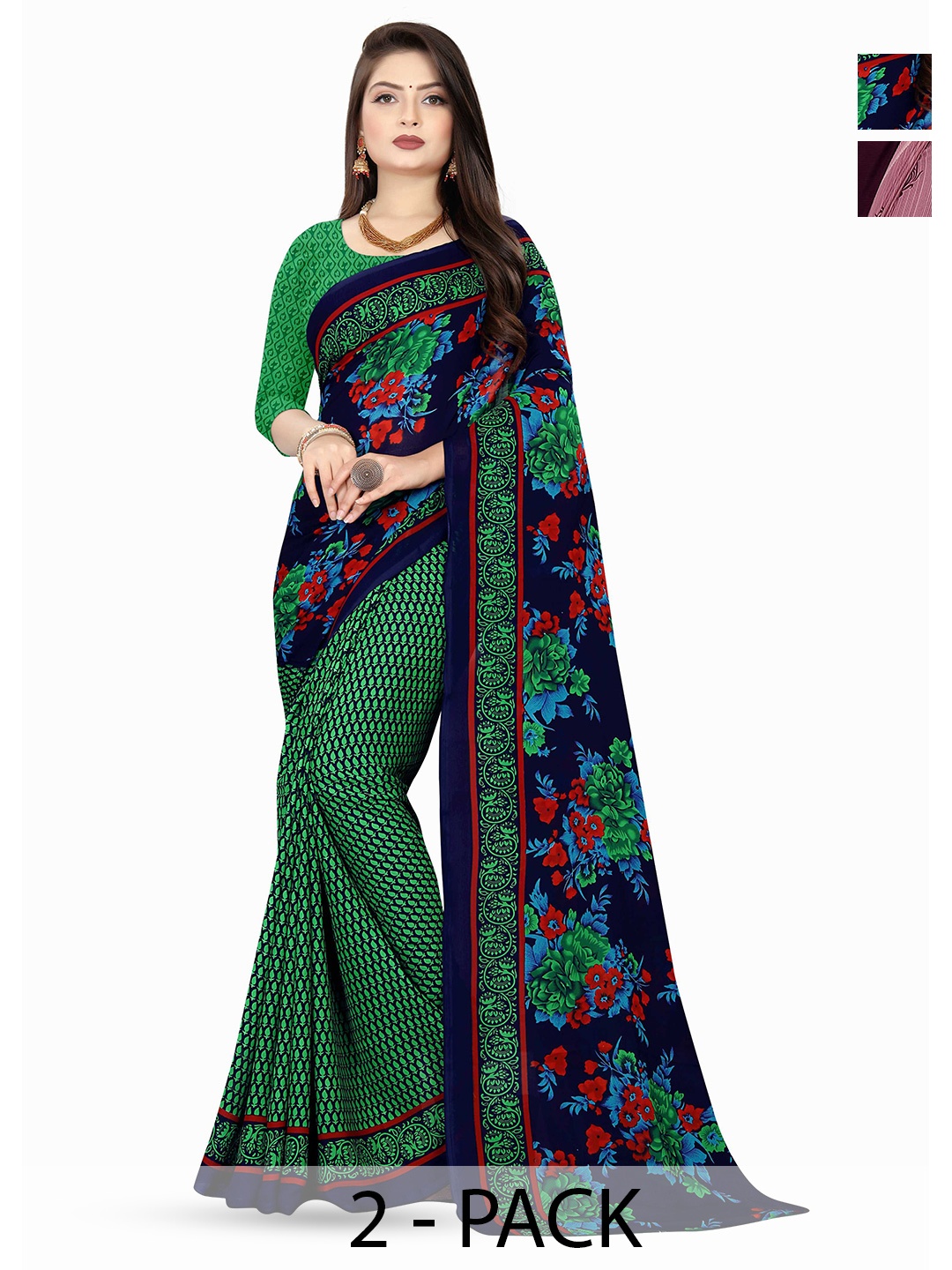 

ANAND SAREES Pack of-2 Floral Printed Saree, Green