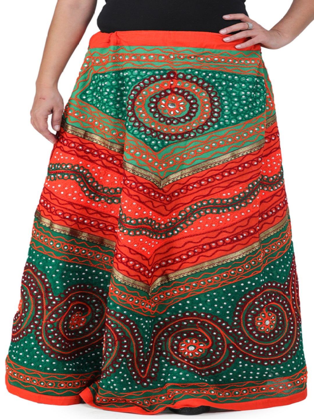 

Exotic India Embroidery Pure Cotton A-Line Maxi Skirts, Green