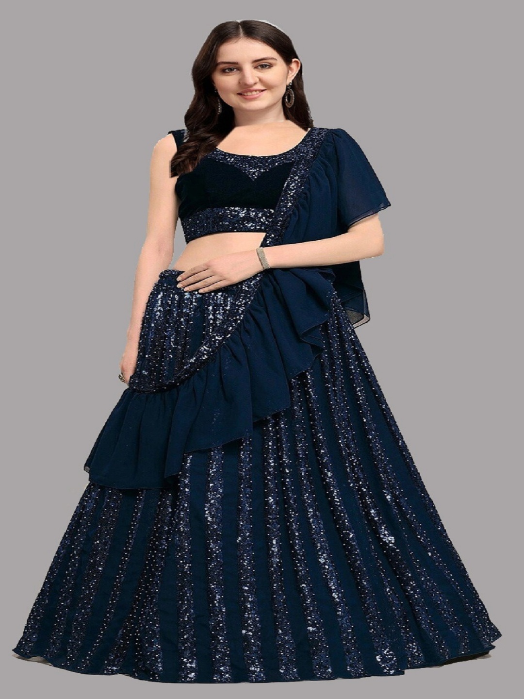 

KALINI Embellished Sequinned Semi-Stitched Lehenga & Unstitched Blouse With Dupatta, Blue