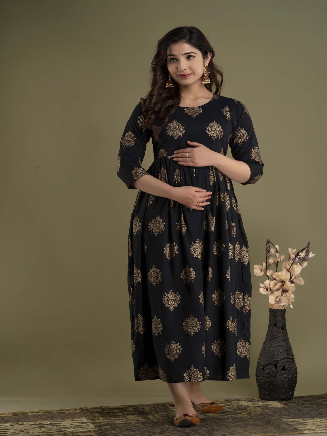 

Mialo fashion Printed Flared Midi Maternity Dress, Black