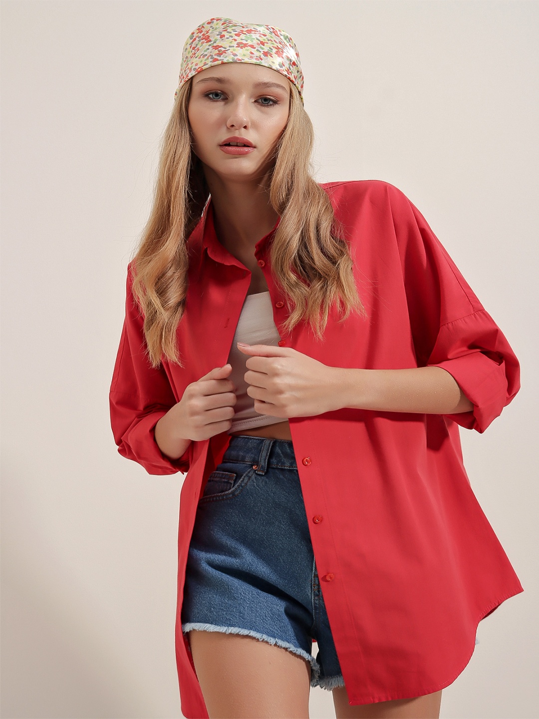 

BIGDART Spread Collar Drop Shoulder Sleeves Cotton Casual Shirt, Red