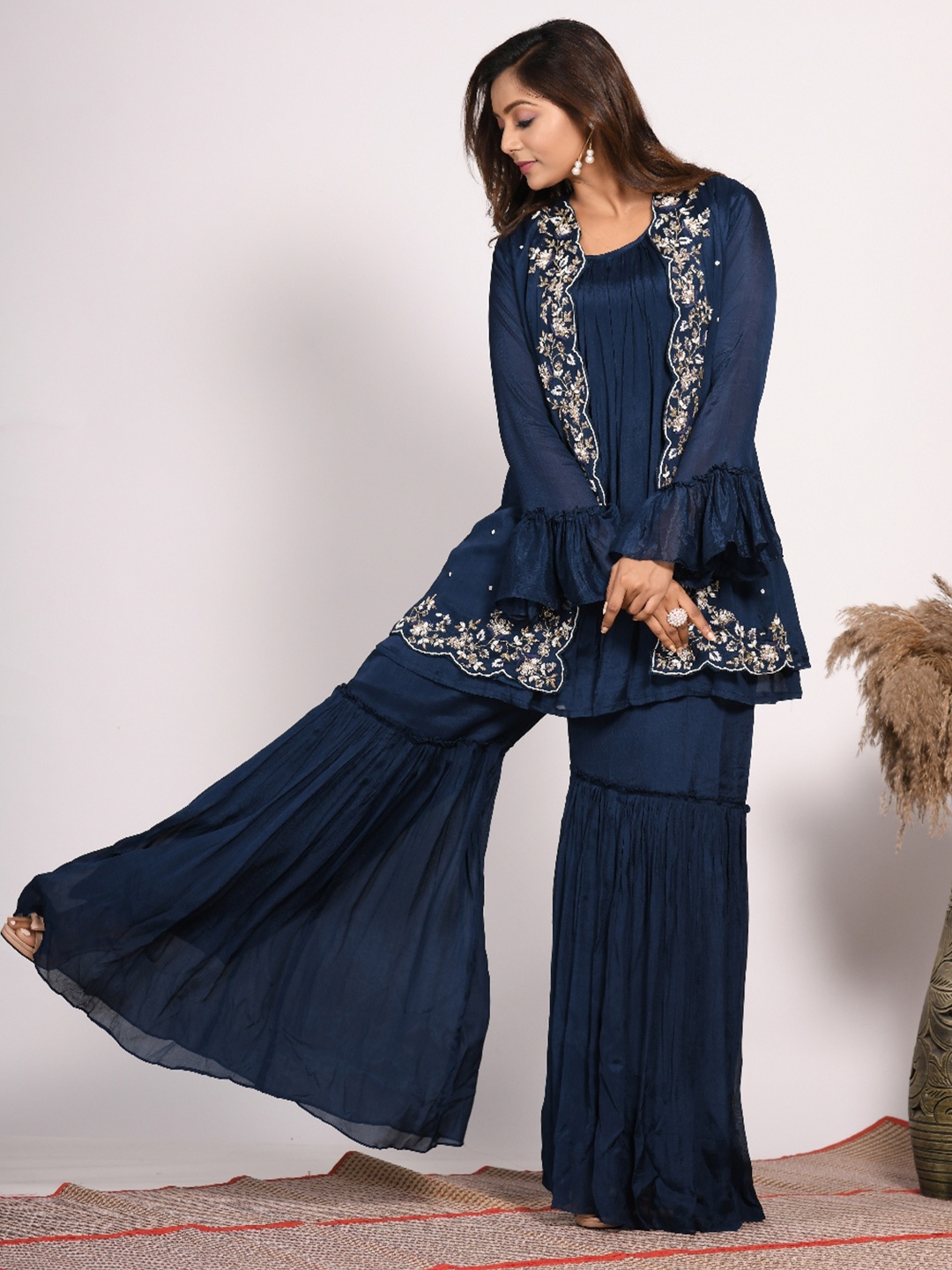 

Morchari Embroidered Straight Kurti & Sharara, Blue