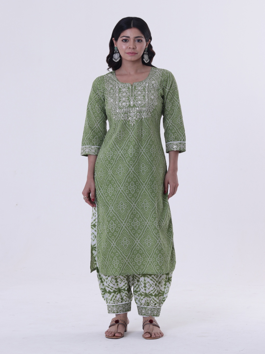 

TJORI Floral Embroidered Sequinned Pure Cotton Straight Kurta With Salwar, Green