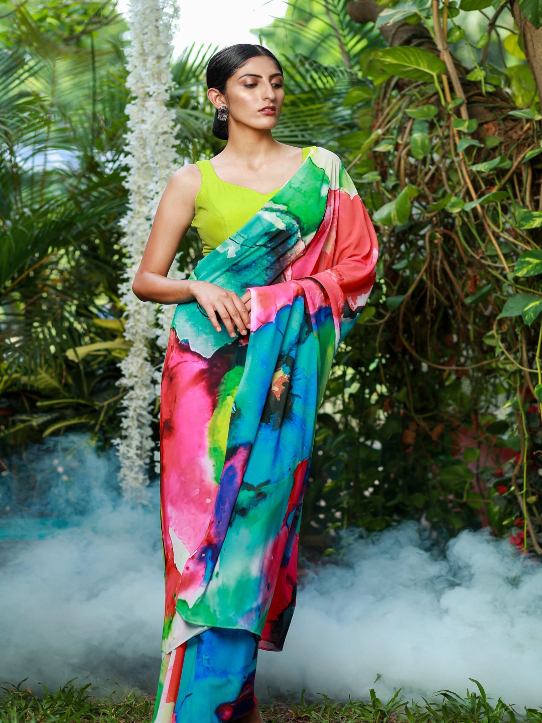 

IZU Pure Georgette Block Print Saree, Green