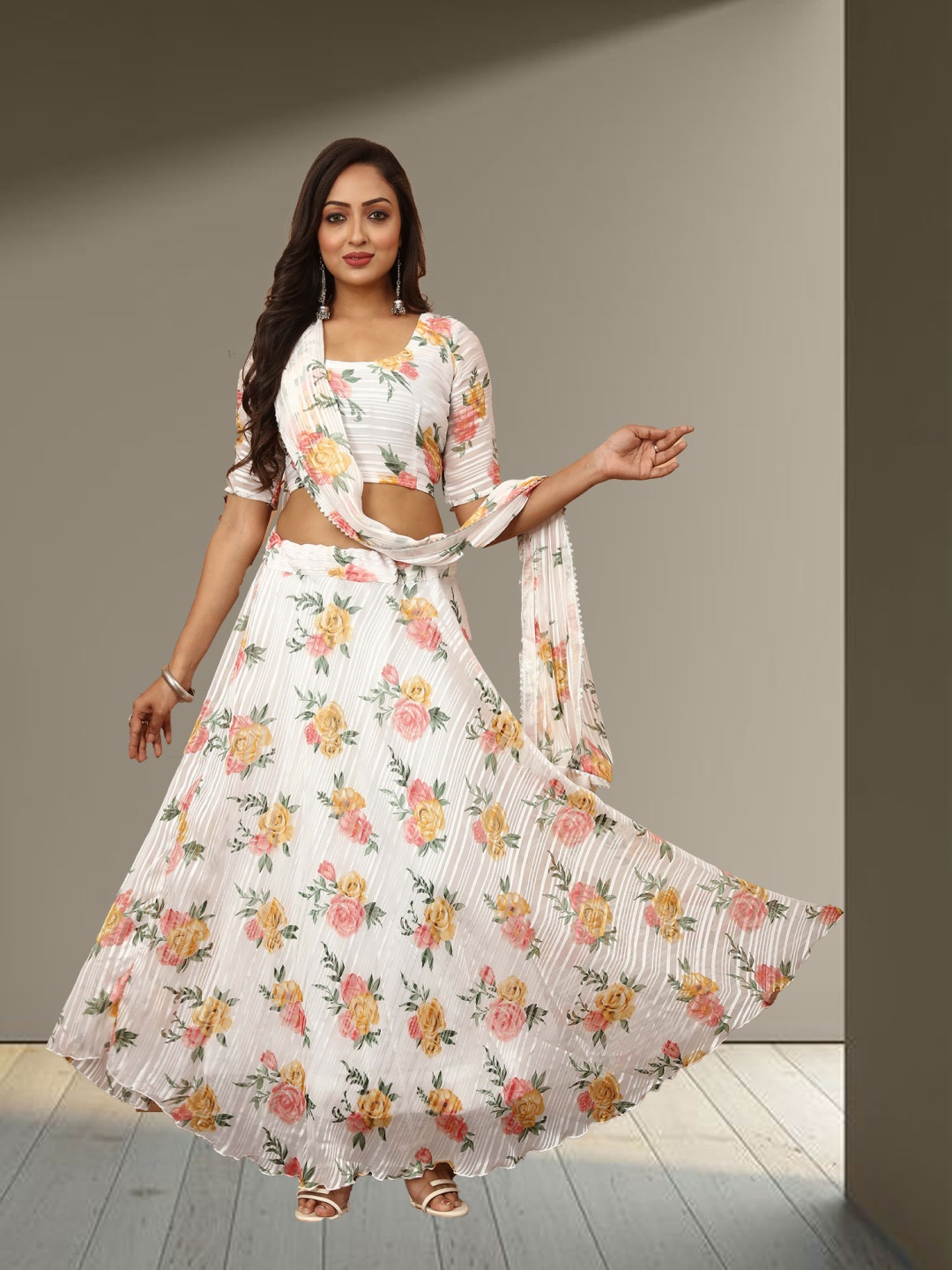 

N ENTERPRISE Printed Semi-Stitched Lehenga & Unstitched Blouse With Dupatta, White