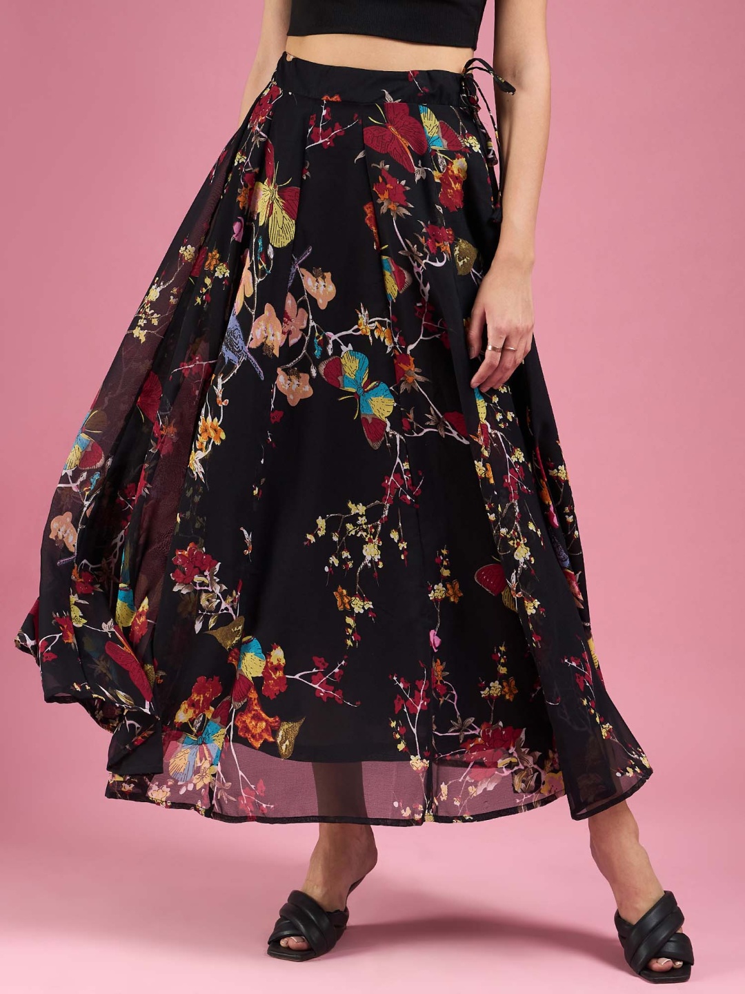 

Deewa Printed Flared Maxi Skirts, Black