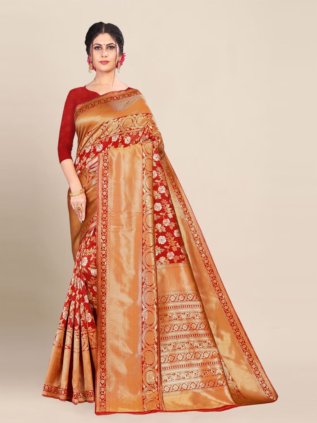 

Aldwych Ethnic Motifs Woven Design Zari Silk Blend Banarasi Saree, Red