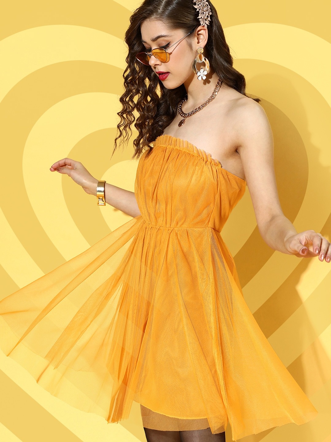 

U&F Yellow Strapless Net A-Line Dress