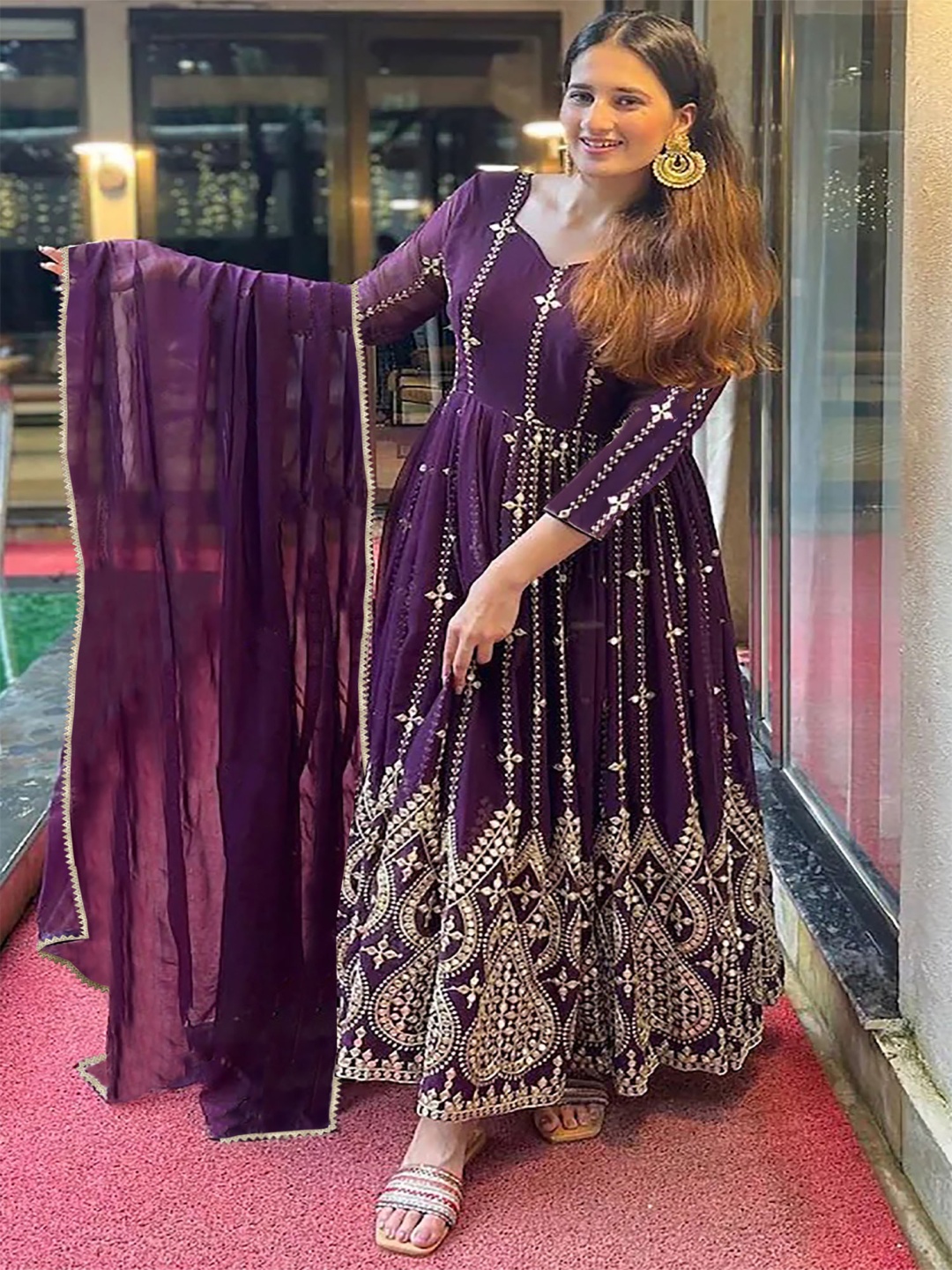 

Kedar Fab Embroidered Sweetheart Neck Georgette Anarkali Kurta & Dupatta, Purple