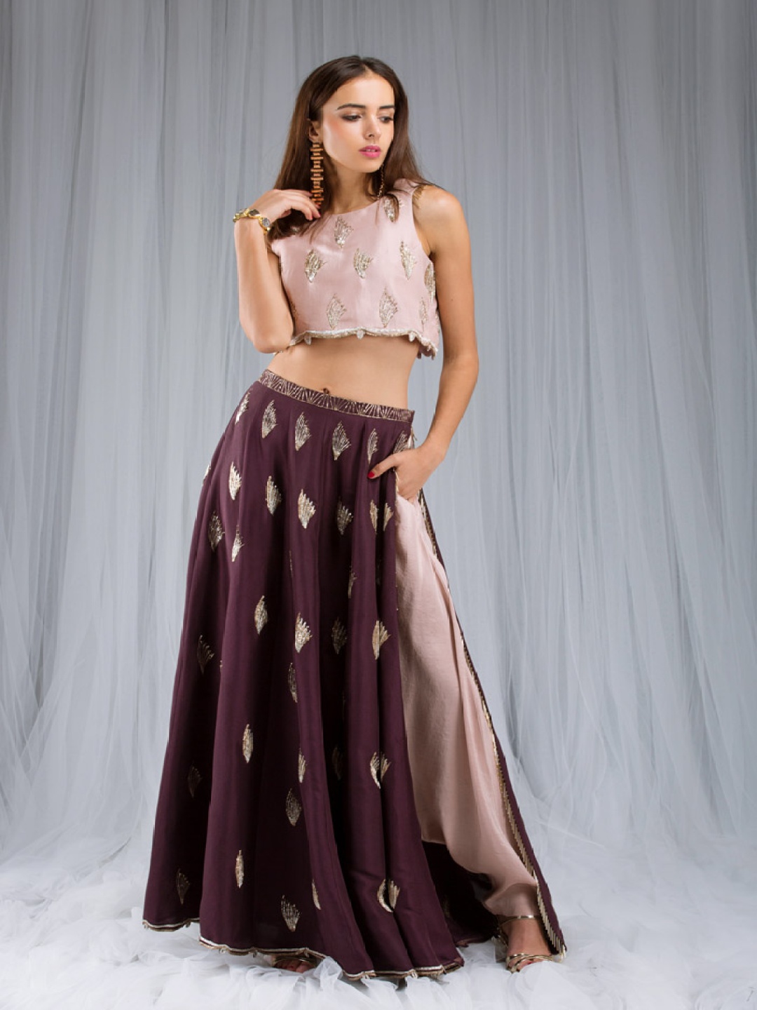 

Payal Singhal Embroidered Sleeveless Ready to Wear Dhoti Pant Lehenga & Blouse, Pink
