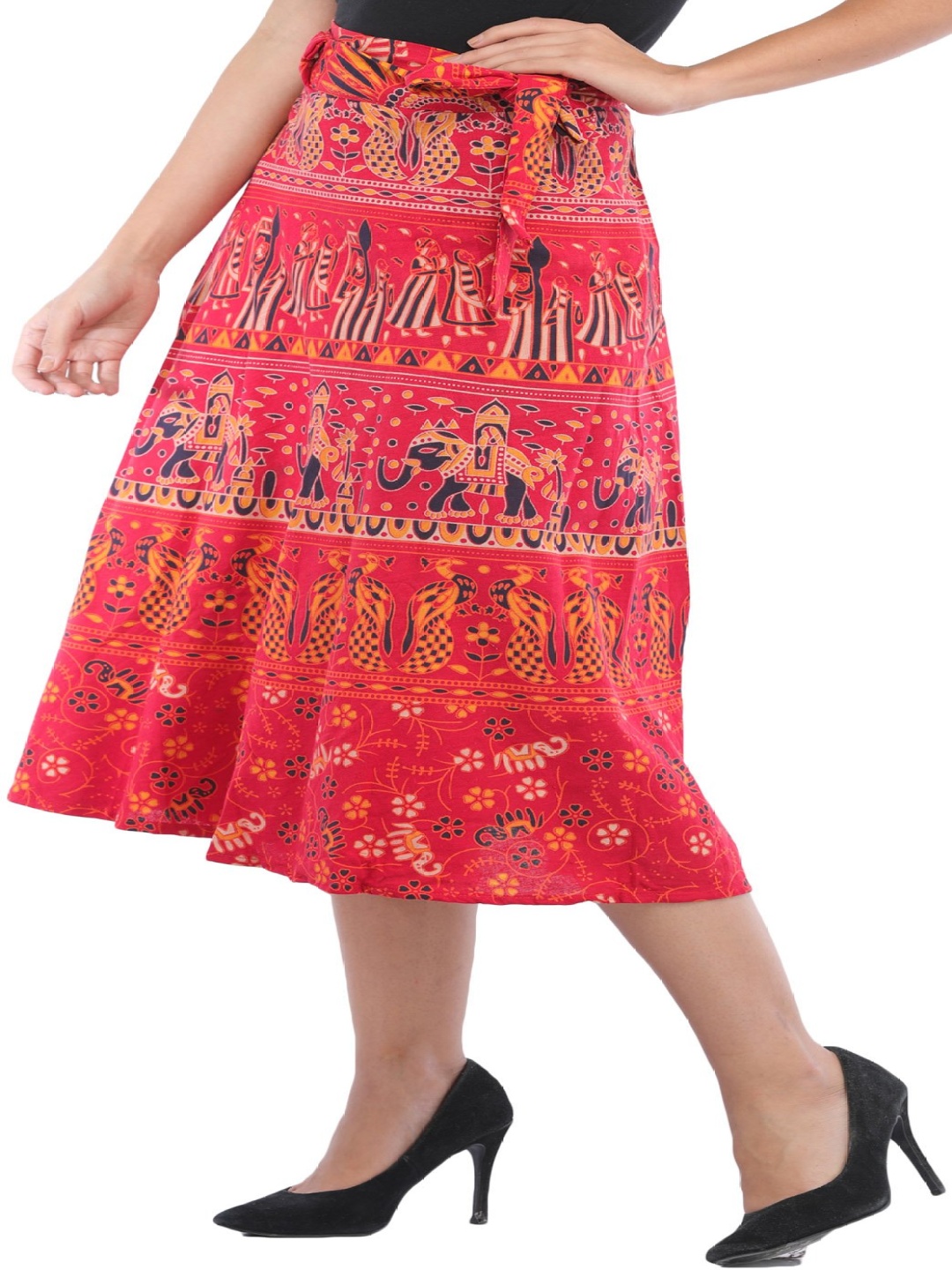 

Exotic India Printed Pure Cotton Wrap-Around Midi Skirt, Red