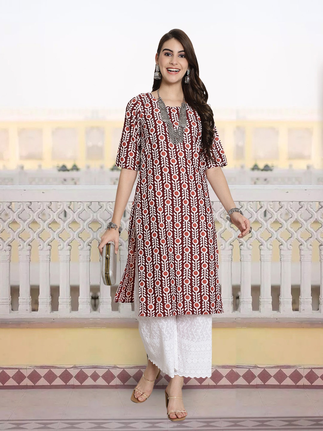 

7Threads Women Printed Cold-Shoulder Sleeves Mirror Work Floral Crepe Kurta, Multi