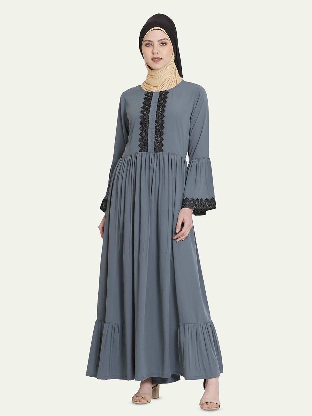 

MOMIN LIBAS Lace Work Long Sleeves Abaya Burqas With Scarf, Grey