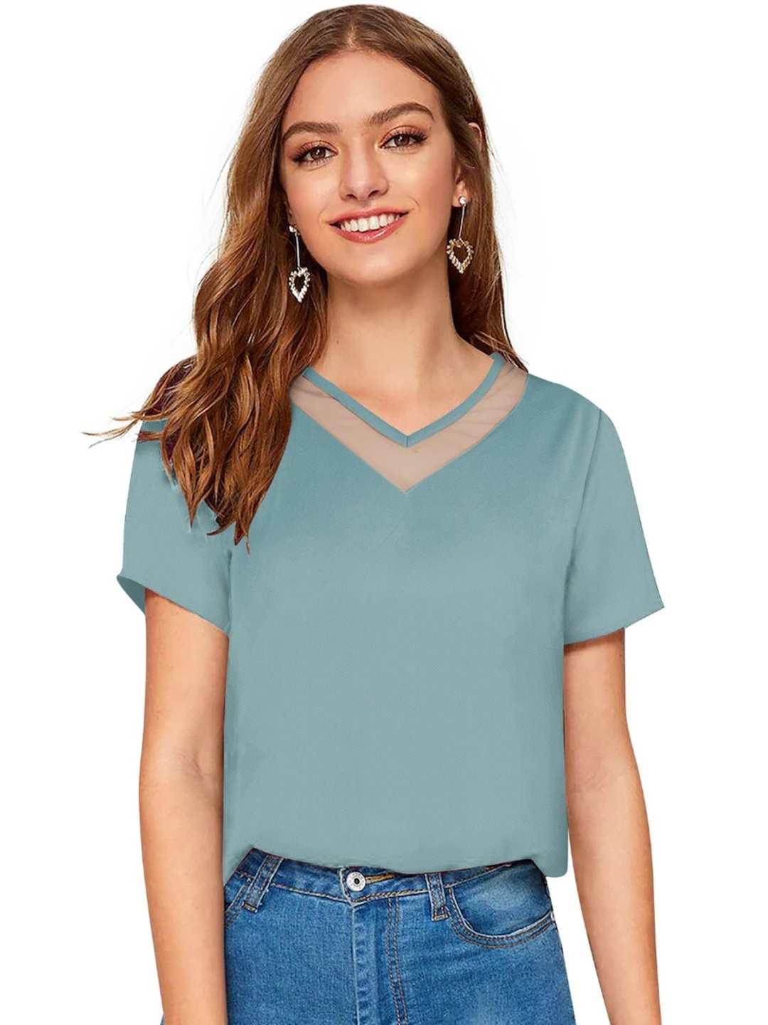 

ODETTE V-Neck Short Sleeves Regular Crepe Top, Blue