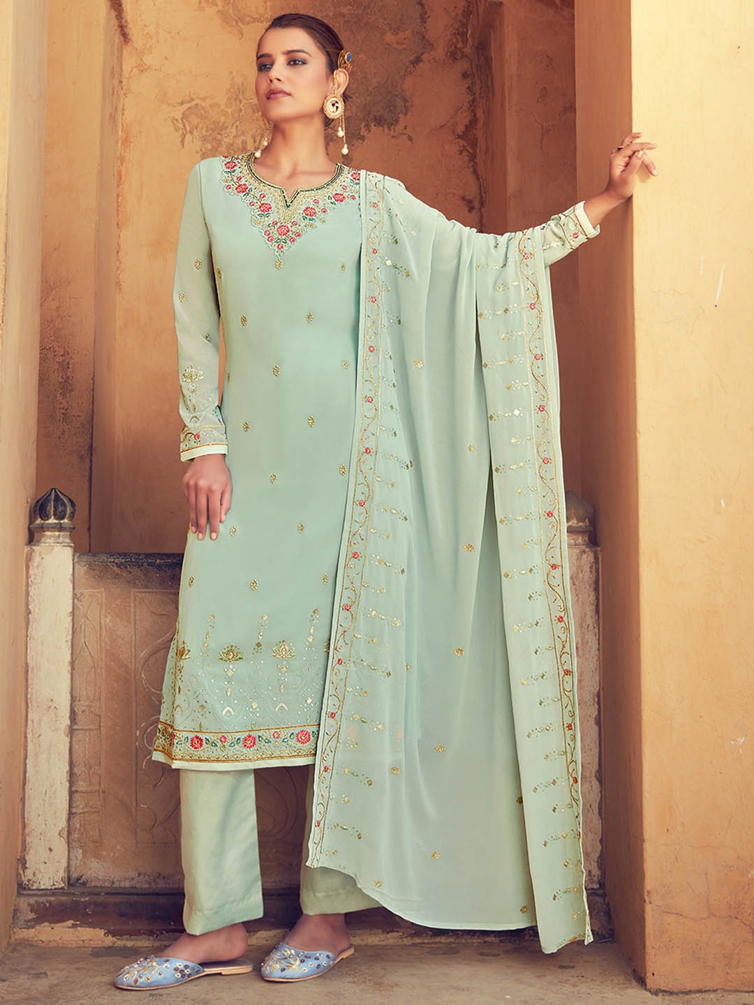 

HRITIKA Women Floral Embroidered Regular Silk Georgette Kurta with Trousers & With Dupatta, Green