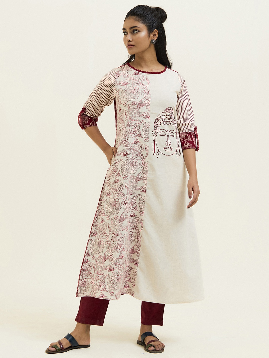 

Jaipur Kurti Handblock Printed Buddha Embroidered A-Line Kurta, White