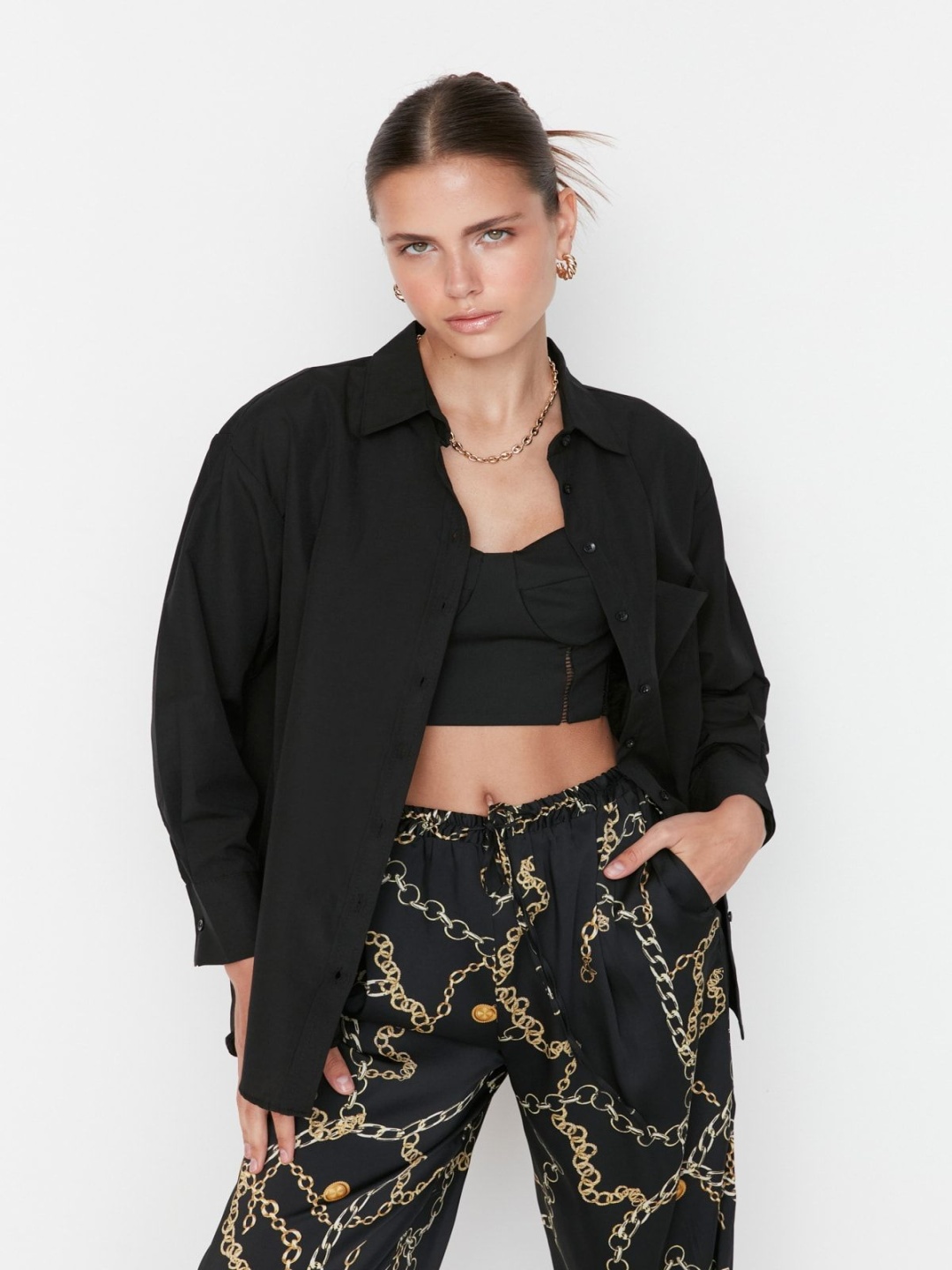 

Fab Star Women Solid Cotton Classic Opaque Casual Shirt, Black