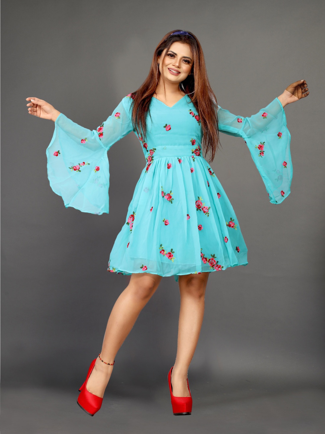 

Aika Floral Embroidered Bell Sleeve Georgette Fit & Flare Dress, Turquoise blue