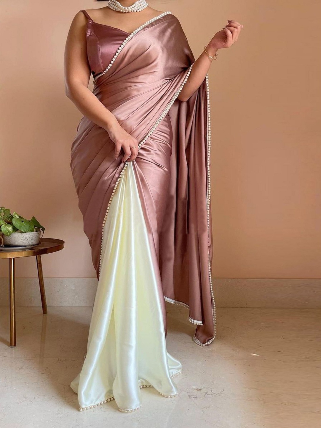 

LADY SHOPI Embellished Satin Half & Half Saree, Rose gold