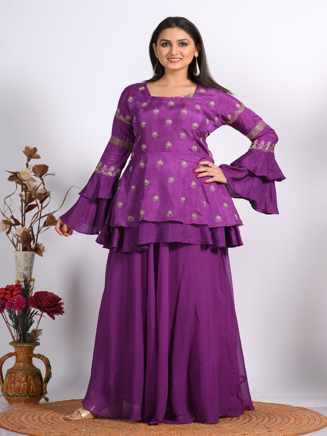 

Morchari Embroidered Top With Maxi Skirt, Purple