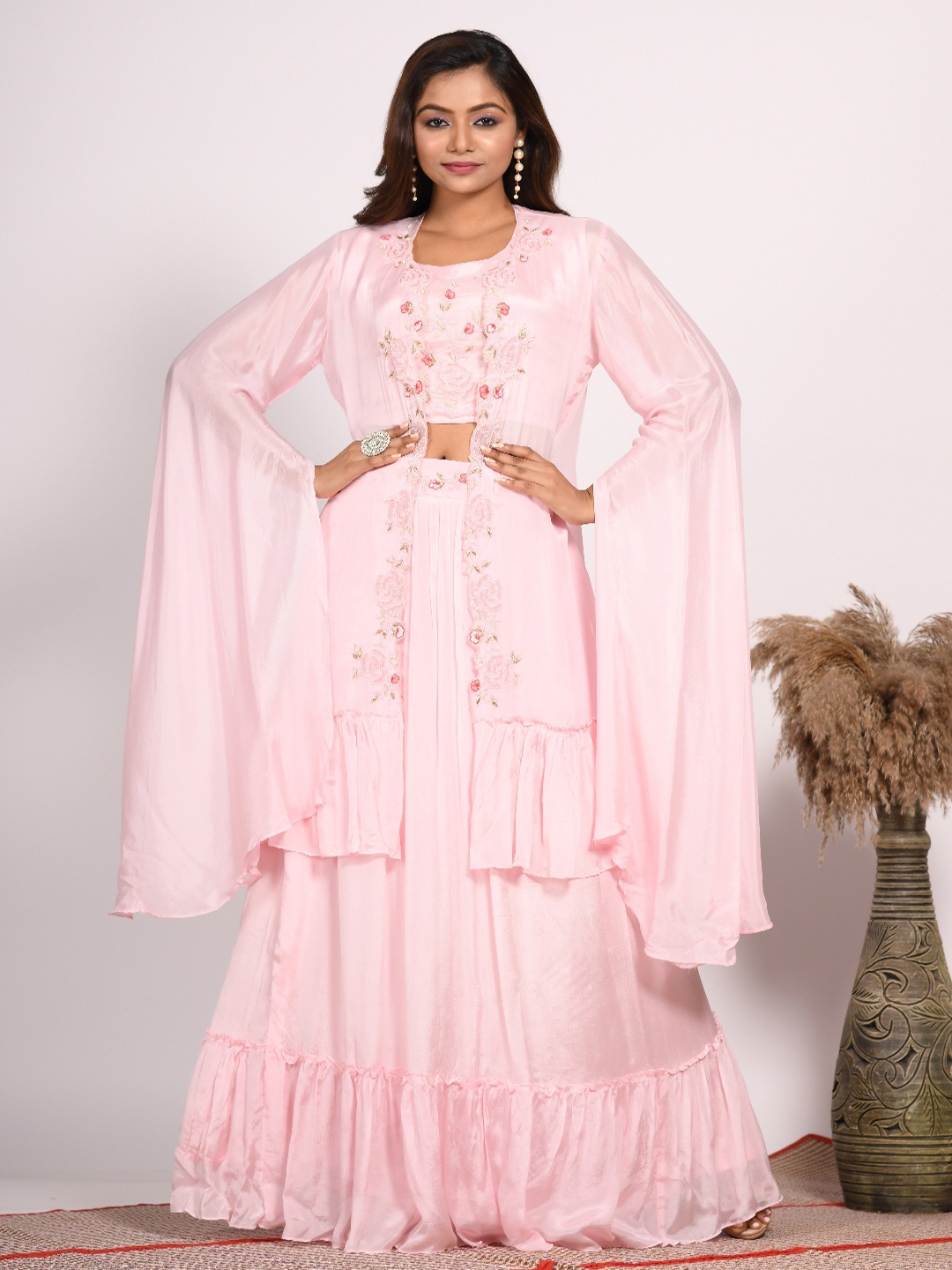 

Morchari Round Neck Crop Top Long Sleeves Jacket with Mid-Rise Skirt Co-Ords, Pink