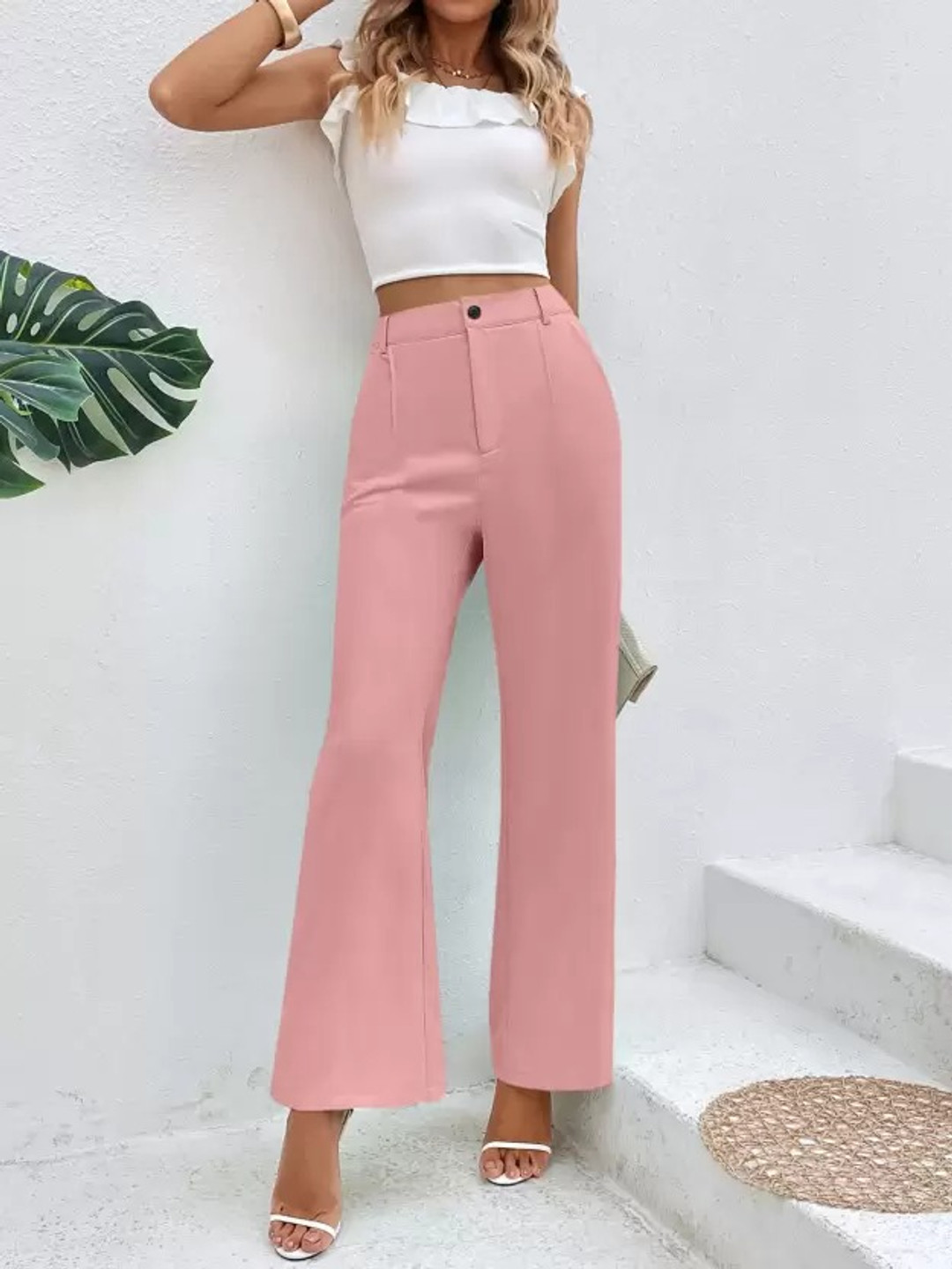 

Fashion2wear Women Smart High-Rise Stain Resistant Bootcut Trousers, Peach