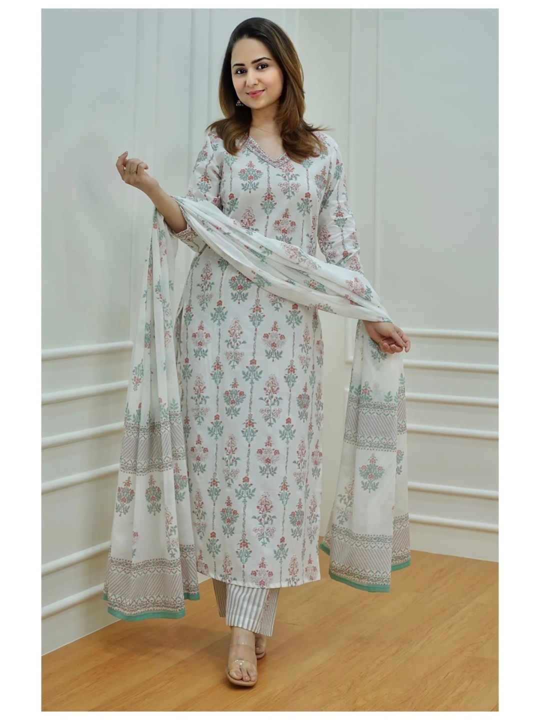 

KALINI Women Floral Printed Regular Kurta with Trousers & With Dupatta, White