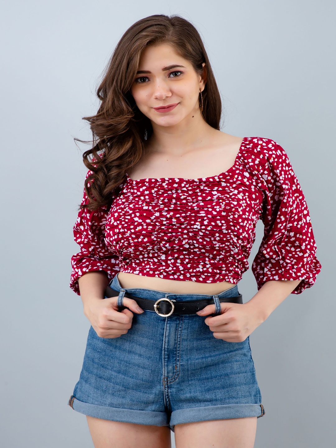 

PRETTY LOVING THING Women Floral Printed Pure Cotton Blouson Crop Top, Red