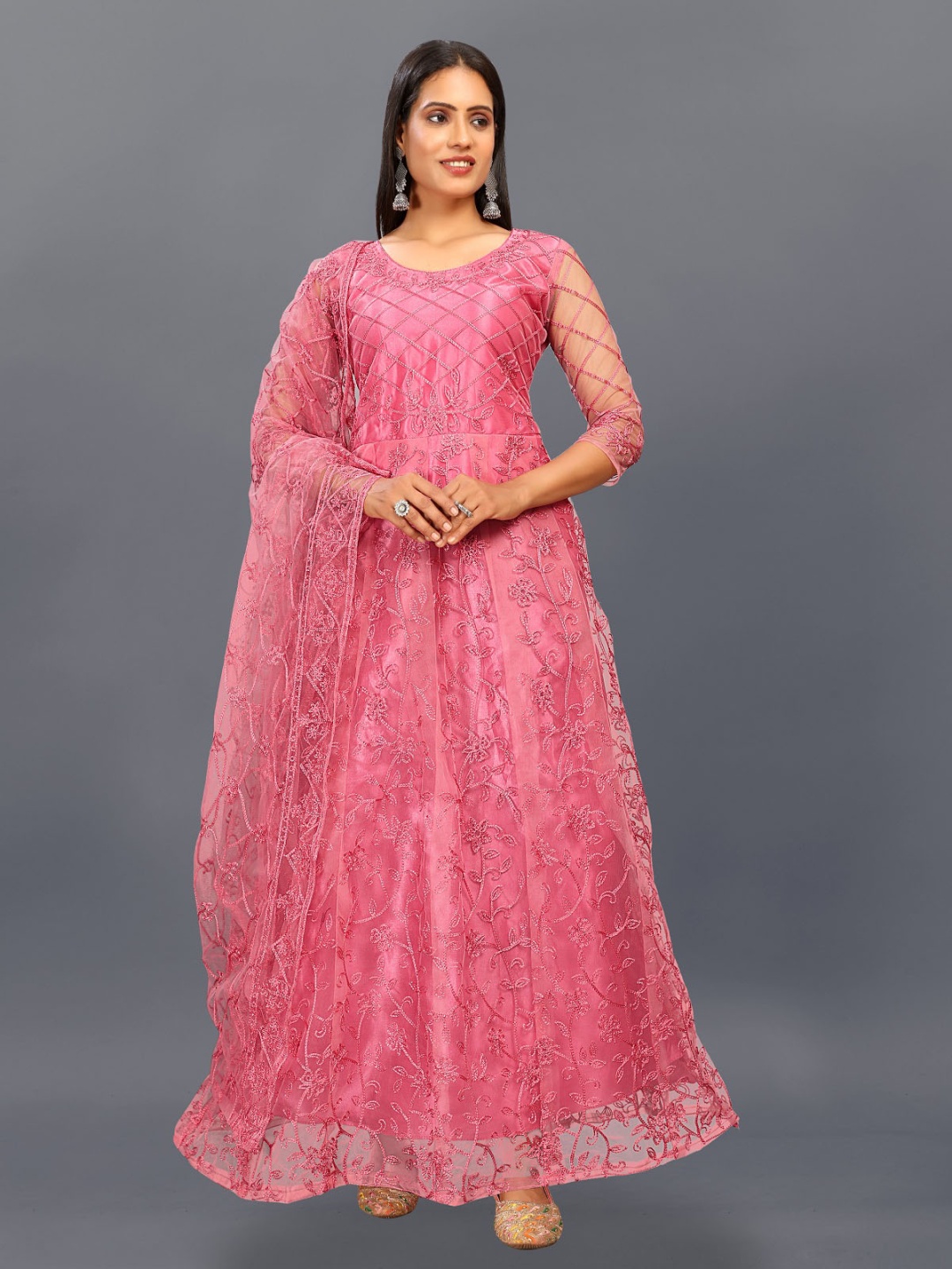 

JULEE Embroidered Net Ethnic Maxi Dress With Dupatta, Pink