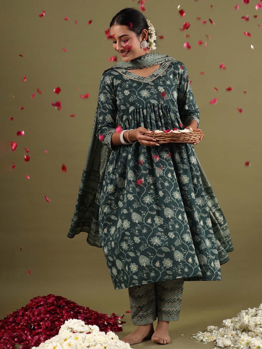 

Indo Era Floral Printed Pleated Gotta Patti Pure Cotton Kurta with Trousers & Dupatta, Green