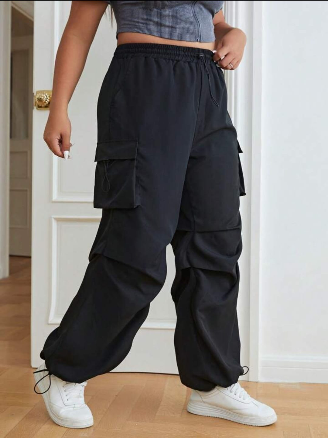 

Next One Women Smart High-Rise Cargos Parachute Trousers, Black