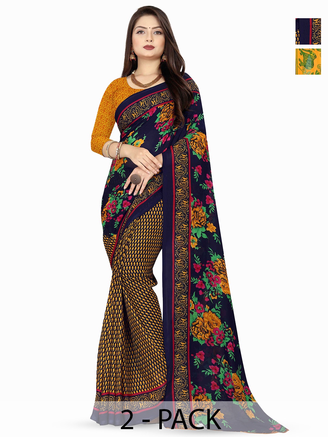 

ANAND SAREES Pack of-2 Floral Saree, Orange
