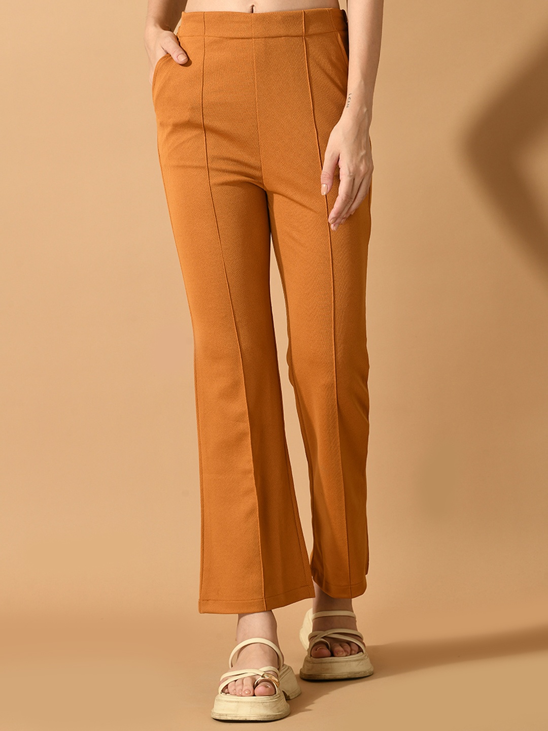 

HERE&NOW Women Comfort Flared Wrinkle Free Trousers, Mustard