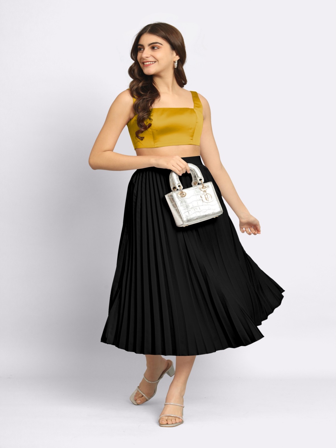 

Femvy Accordion Pleats Midi A-Line Skirt, Black