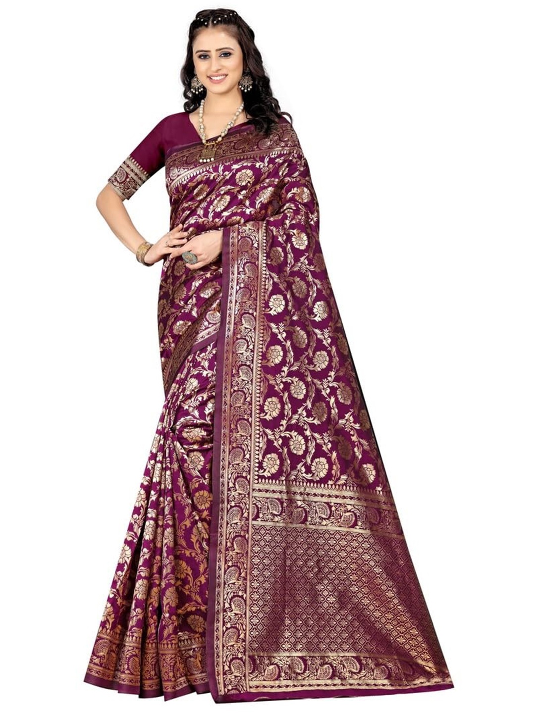 

DIVASTRI Ethnic Woven Design Zari Pure Silk Kanjeevaram Saree, Purple