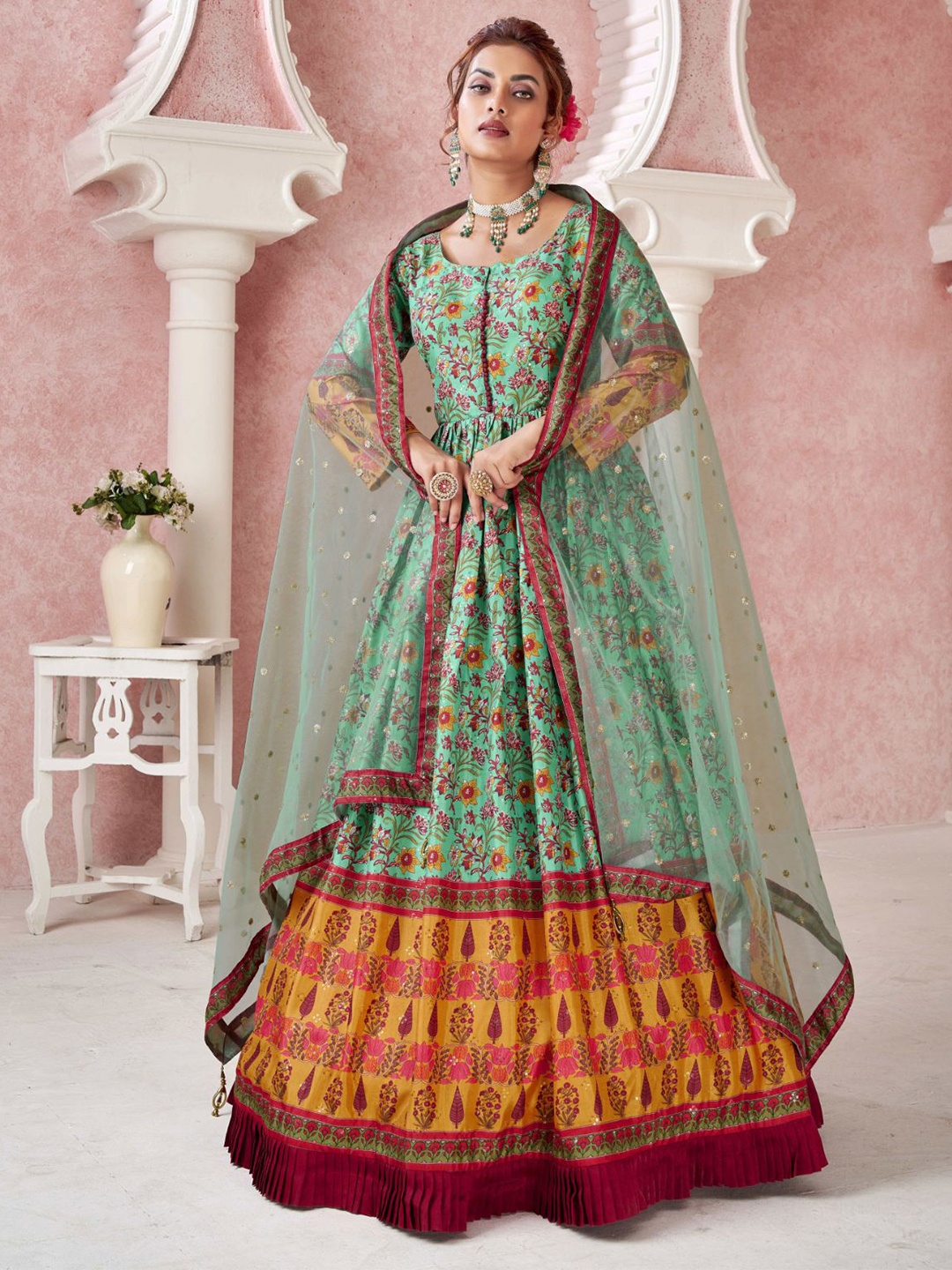 

ODETTE Printed Ethnic Dress with Dupatta, Sea green