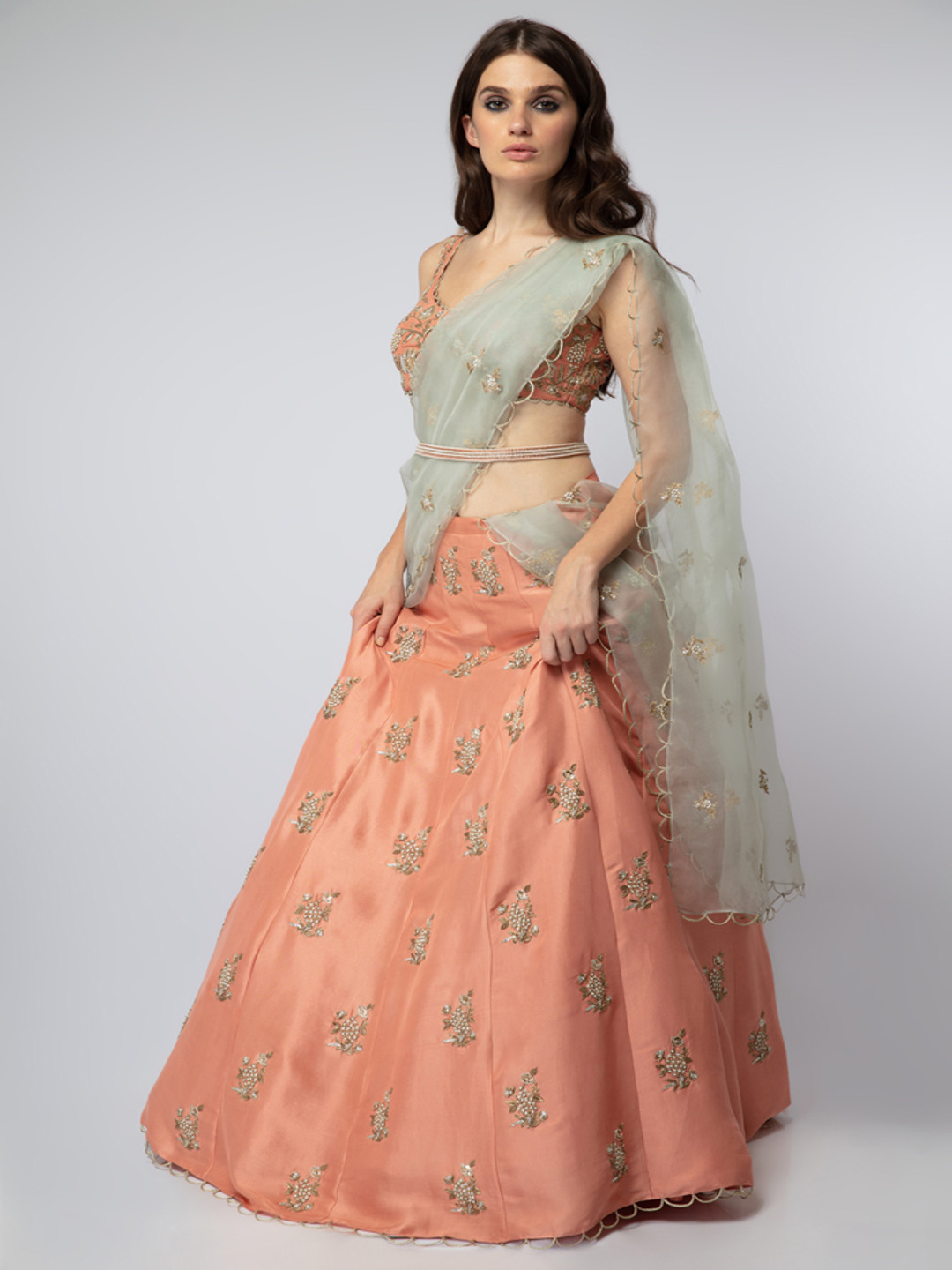 

Payal Singhal Embroidered Beads & Stones Silk Ready to Wear Lehenga & Blouse With Dupatta, Peach