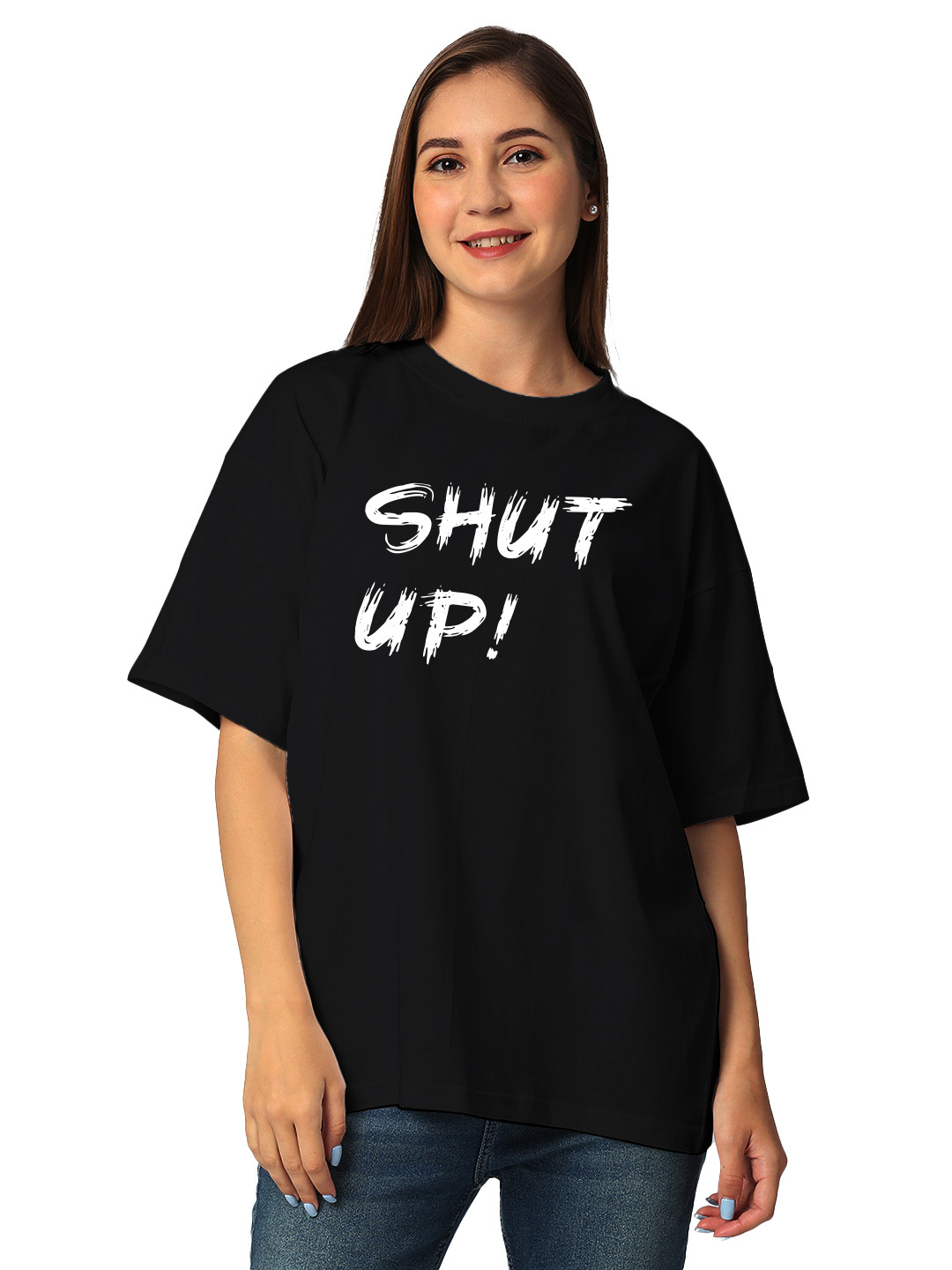 

STATUS MANTRA Women Typography Printed Extended Sleeves Bio Finish Pockets T-shirt, Black