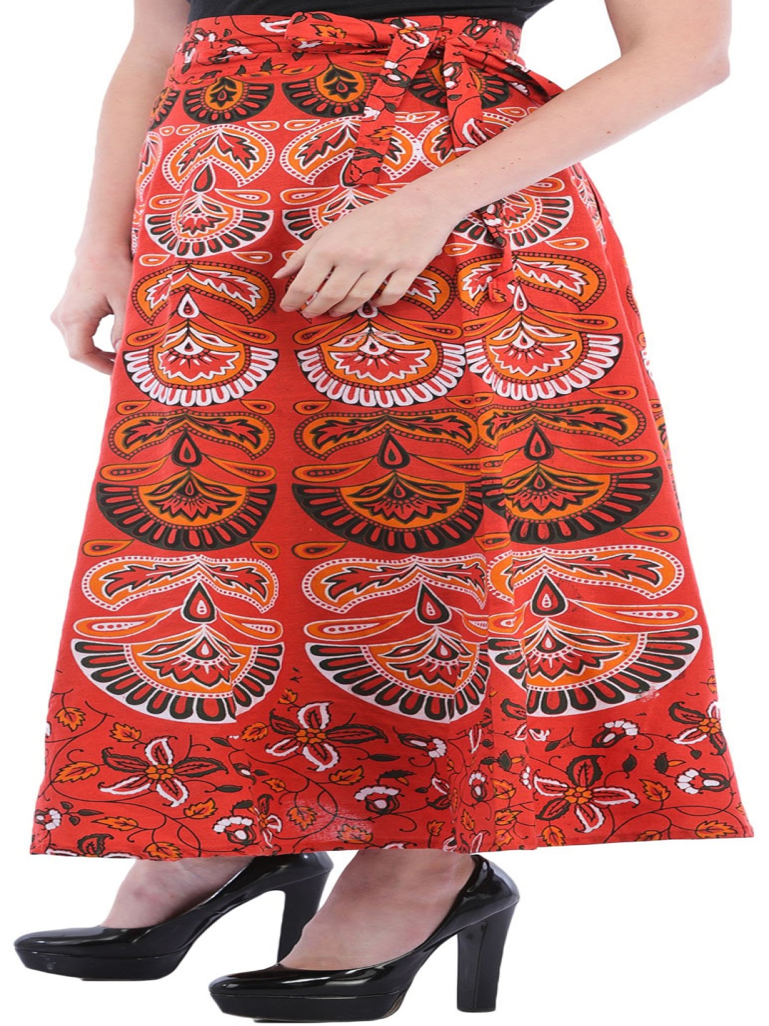 

Exotic India Printed Pure Cotton Wrap Maxi Skirts, Red