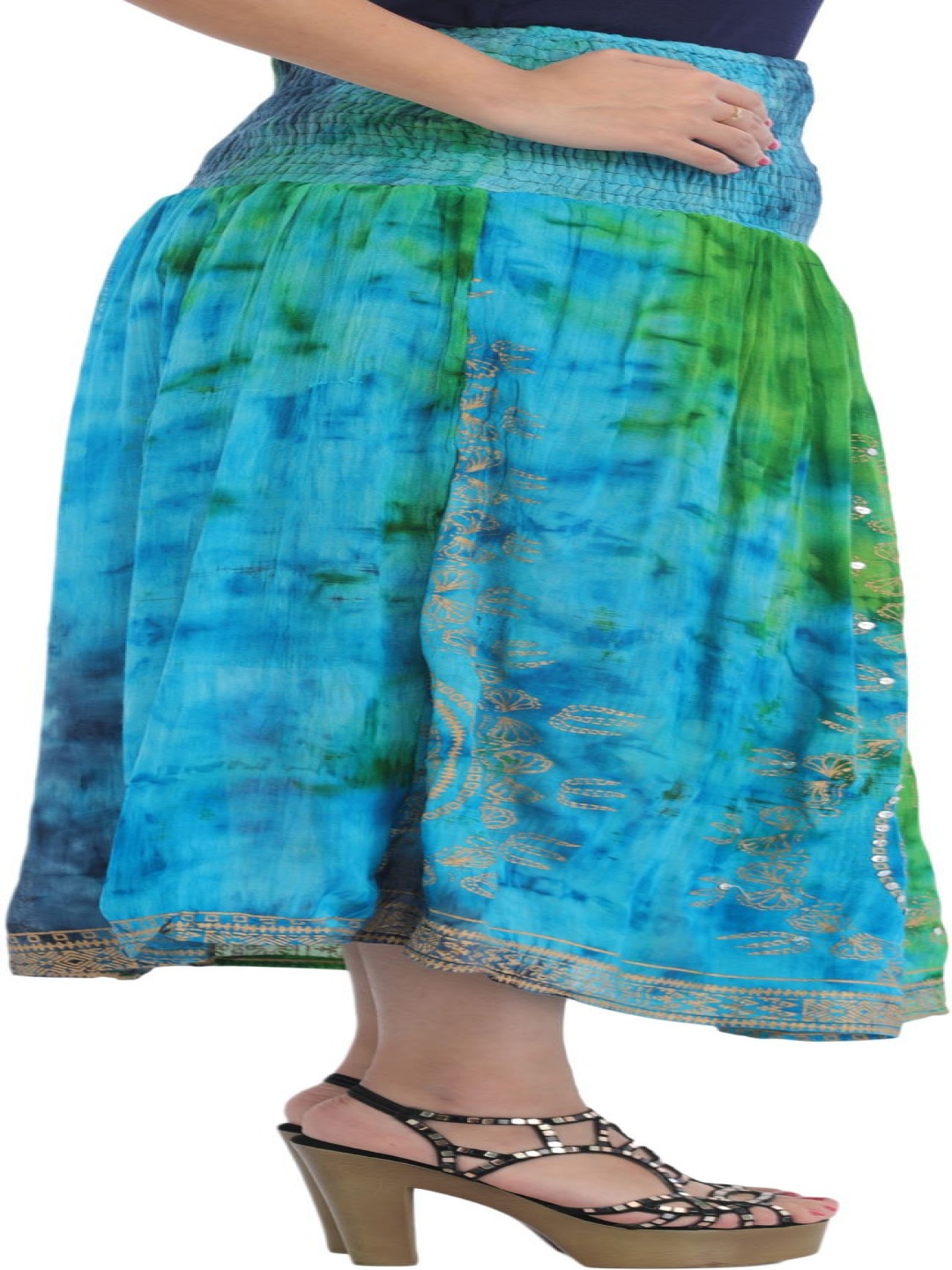 

Exotic India Printed Flared Tiered Maxi Skirt, Green