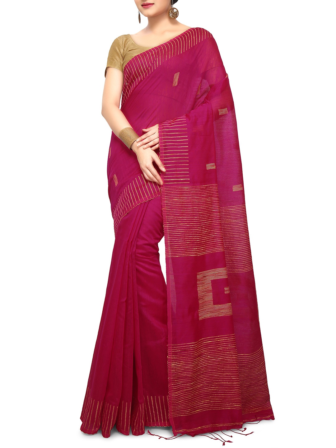 

BENGAL HANDLOOM Woven Design Art Silk Taant Saree, Pink